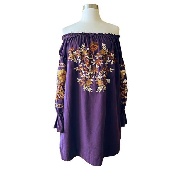 FREE PEOPLE Mini Dress Fleur du Jour Embroidered Tunic Purple Off the Shoulder - Picture 2 of 16